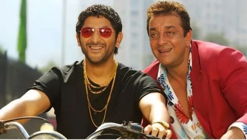 Arshad Warsi and Sanjay Dutt in their iconic characters Munna Bhai and Circuit, celebrating the news of the Munna Bhai 3 script being actively developed by Rajkumar Hirani.
