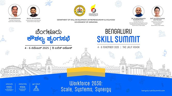 Logo or banner image for the Bengaluru Skill Summit 2025 with the theme 'Workforce 2030: Scale, Systems, Synergy' in the background of the Bengaluru skyline.