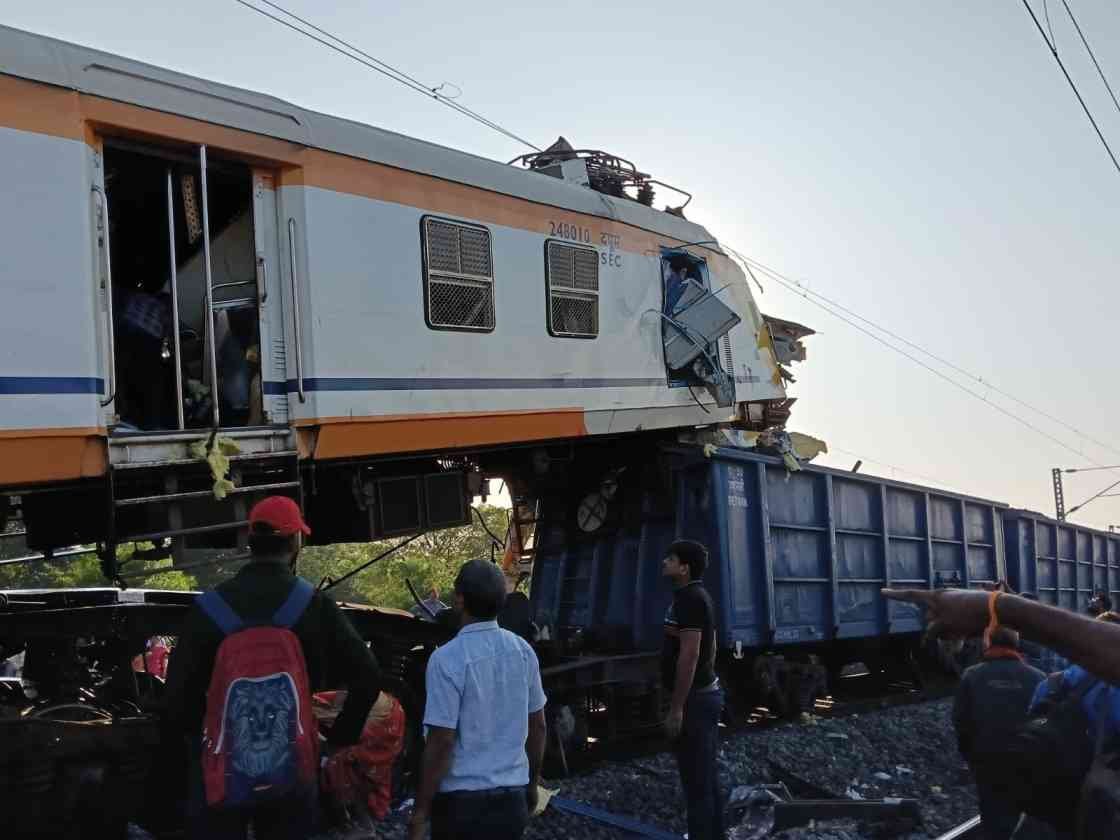 Emergency services and railway officials conducting extensive rescue and relief operations amidst the wreckage of a passenger train after a fatal collision with a goods train near Bilaspur, Chhattisgarh.