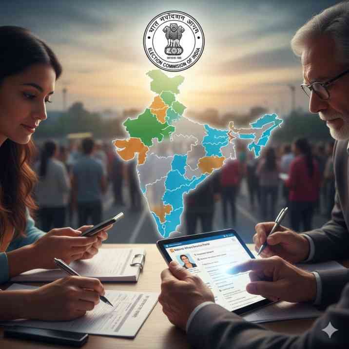 Election Commission of India logo displayed prominently with a list of 12 states and union territories in the background, symbolizing the launch of the Intensive Electoral Roll Revision.